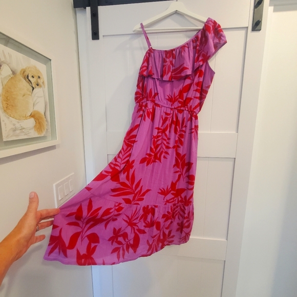 One shoulder pink & red hawaiian print sundress Size Large - Picture 5 of 9